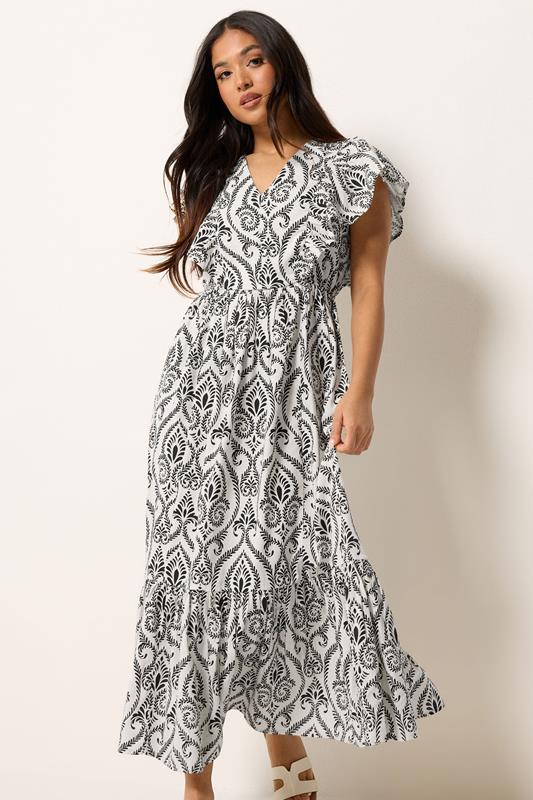 PixieGirl Petite Women's White Tile Print Tiered Maxi Dress | PixieGirl 2