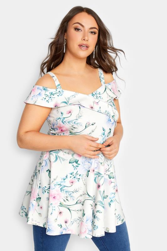 YOURS LONDON Plus Size White Floral Bardot Peplum Top | Yours Clothing 4