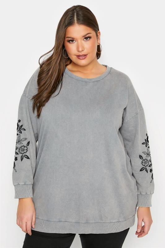 Plus Size  Curve Grey Embroidered Floral Print Sleeve Sweatshirt