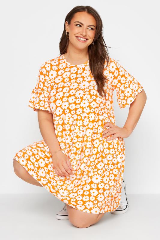  Tallas Grandes Curve Orange Floral Print Smock Tunic Dress