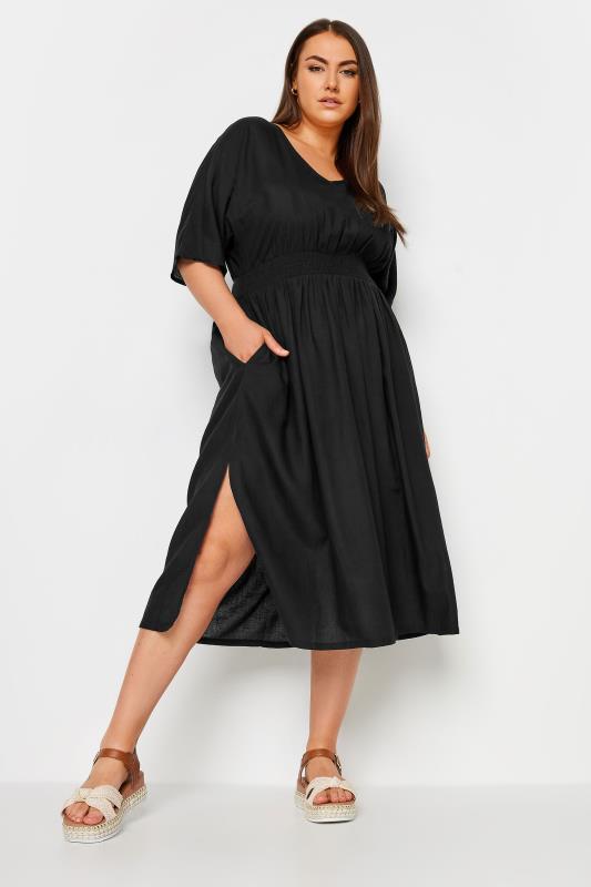 Plus Size  LIMITED COLLECTION Curve Black Linen Shirred Midaxi Dress