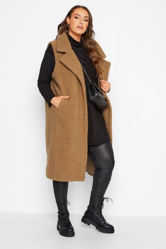 Plus Size Beige Brown Shearling Teddy Maxi Gilet | Yours Clothing 2