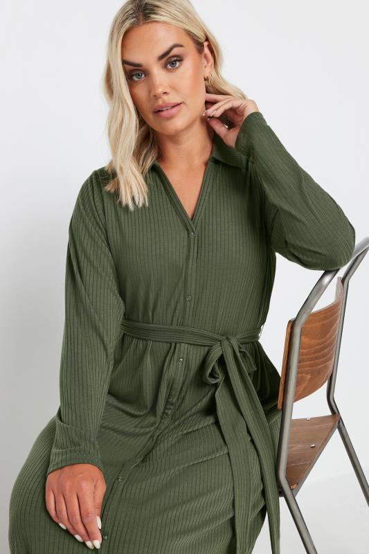 YOURS Plus Size Khaki Green Button Front Ribbed Tie Waist Midi Dress | Yours Clothing 4