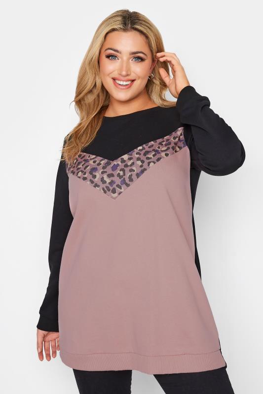 Plus Size  Curve Black & Pink Leopard Print Colour Block Sweatshirt