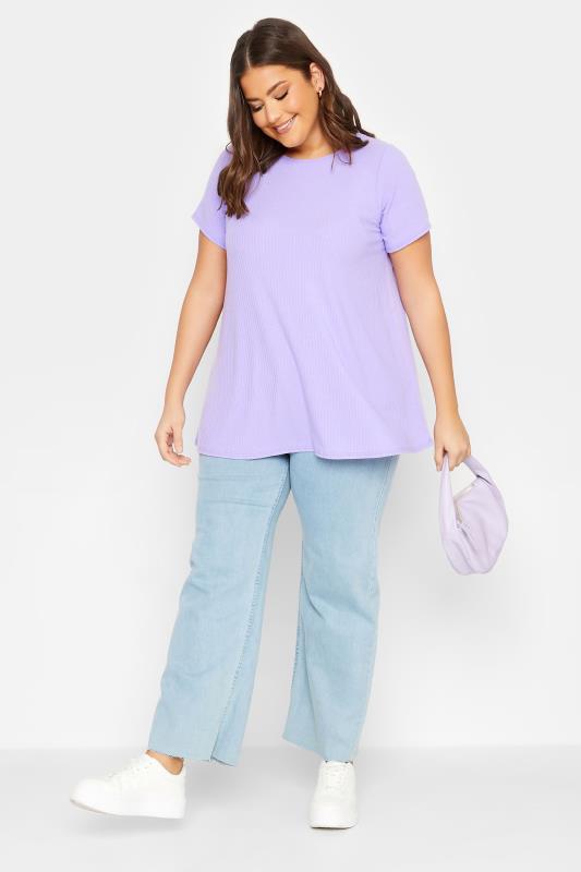 YOURS Curve Plus Size Lavender Purple Ribbed T-Shirt | Yours Clothing  2