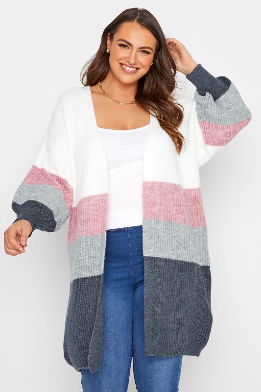 Plus Size  Curve White & Grey Stripe Knitted Cardigan