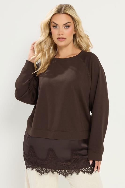  YOURS Pull 2 en 1 marron chocolat en dentelle