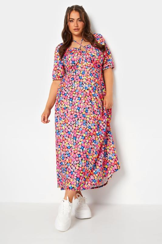 LIMITED COLLECTION Plus Size Black & Pink Floral Print Tie Front Maxi Dress | Yours Clothing 3