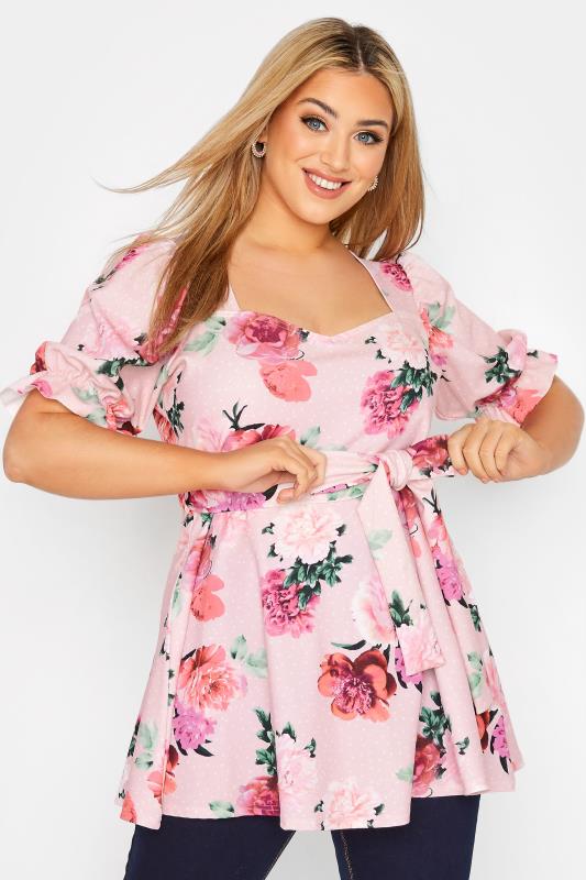 YOURS LONDON Curve Pink Floral Puff Sleeve Peplum Top_A.jpg