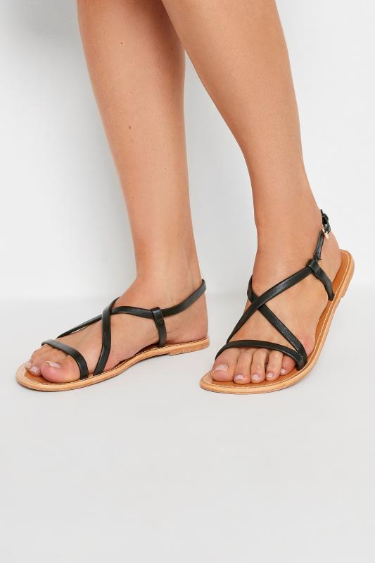 Tall  LTS Black Leather Crossover Strap Flat Sandals In Standard Fit
