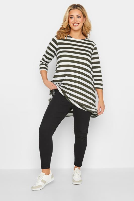 Plus Size Khaki Green Stripe Longline T-Shirt | Yours Clothing 2