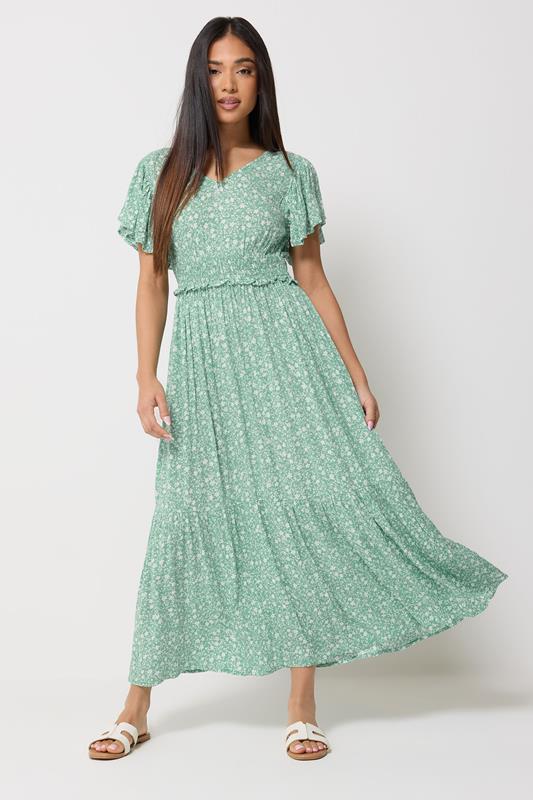 M&Co Petite Green Floral Print Shirred Waist Maxi Dress | M&Co 1