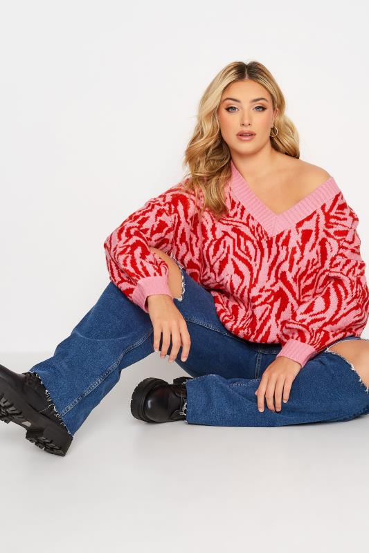 Plus Size Pink & Red Zebra Print V-Neck Jumper | Yours Clothing 3