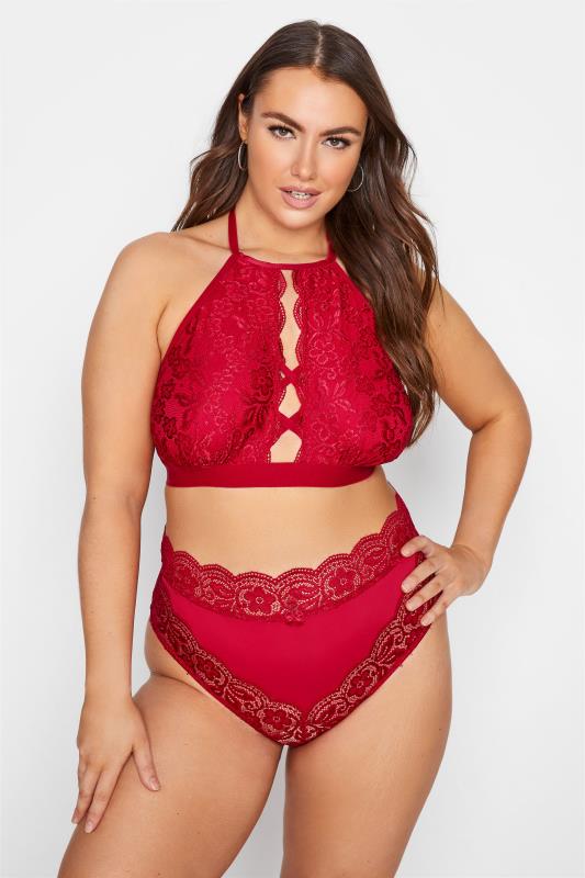 Plus Size Red Boudoir Lace Lattice Halter Neck Non-Padded Non-Wired Bralette | Yours Clothing 2