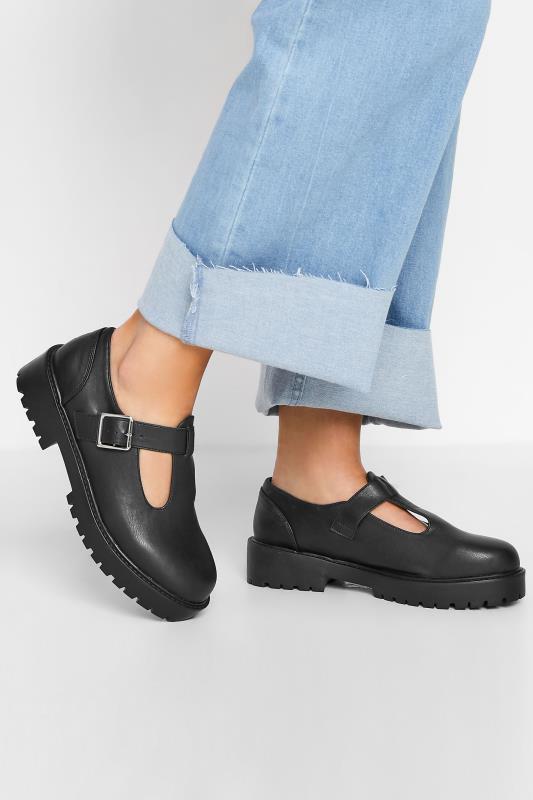 Black Chunky T Bar Mary Jane Shoes In Extra Wide EEE Fit 1