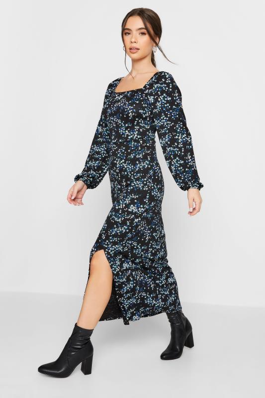 Petite Black & Blue Ditsy Print Milkmaid Midi Dress | PixieGirl 2