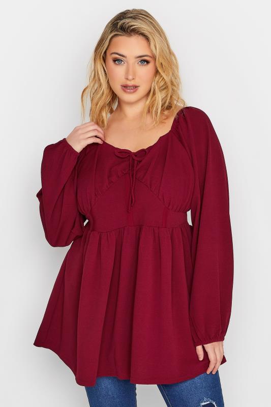LIMITED COLLECTION Plus Size Burgundy Red Corset Detail Peplum Top | Yours Clothing 1