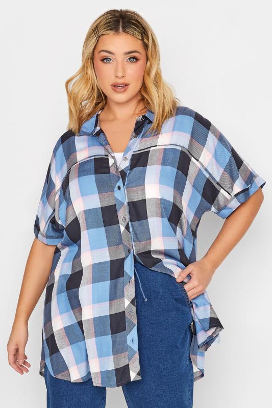 YOURS Plus Size Curve Blue & Pink Check Short Sleeve Shirt | Yours Clothing  1