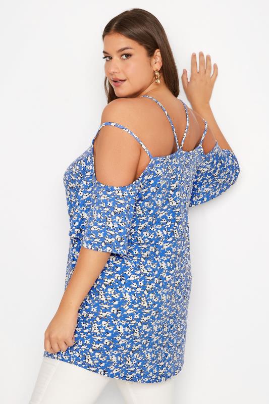 Plus Size Blue Floral Strappy Cold Shoulder Top | Yours Clothing 3