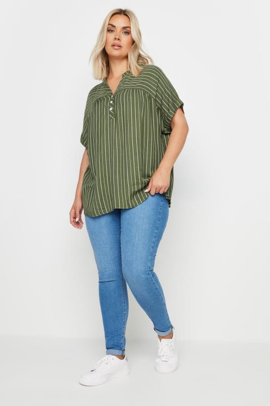 YOURS Plus Size Khaki Green Stripe Notch Neck Blouse | Yours Clothing 2