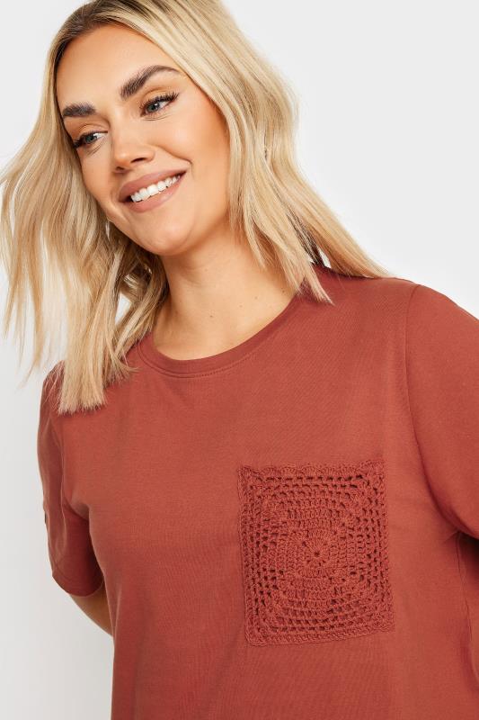 YOURS Plus Size Rust Orange Crochet Pocket T-Shirt | Yours Clothing 4