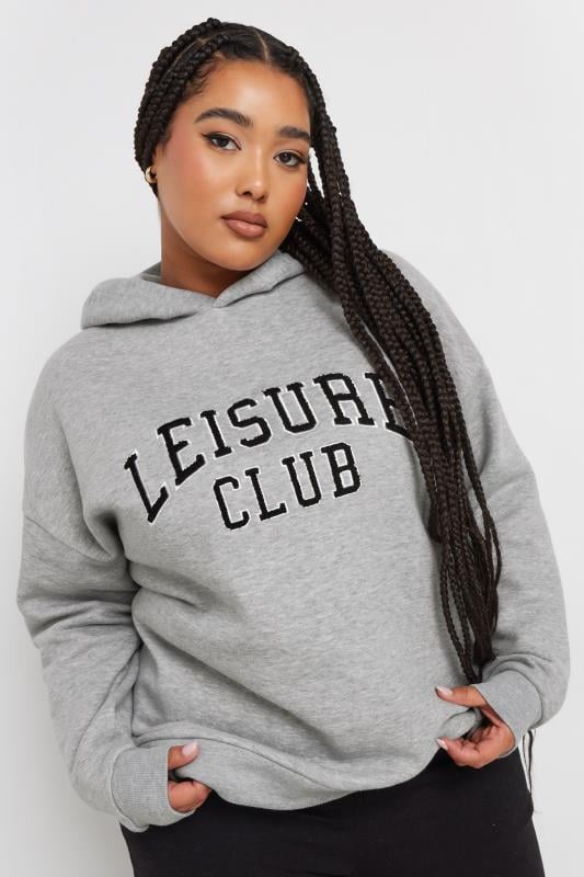 YOURS Plus Size Grey 'Leisure Club' Slogan Hoodie | Yours Clothing 1