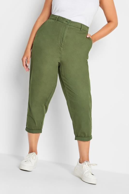 YOURS Plus Size Khaki Green Cropped Chino Trousers | Yours Clothing 1