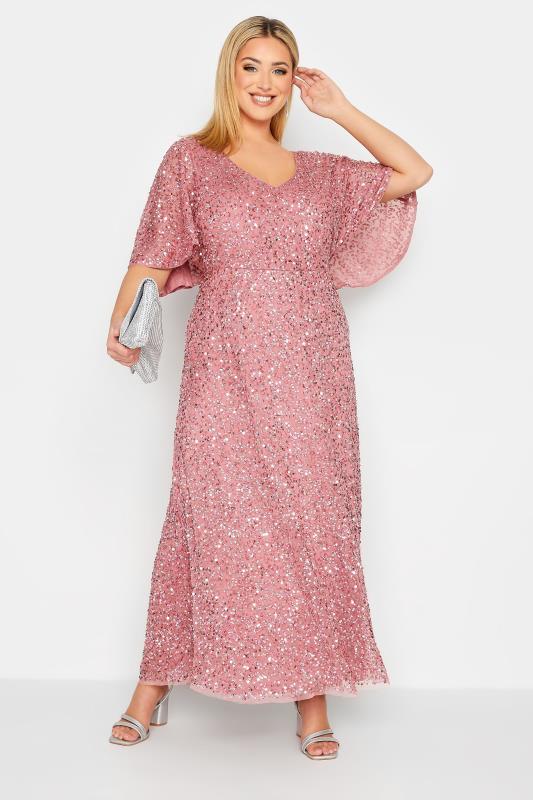 LUXE Plus Size Pink Hand Embellished Angel Sleeve Maxi Dress | Yours Clothing 2