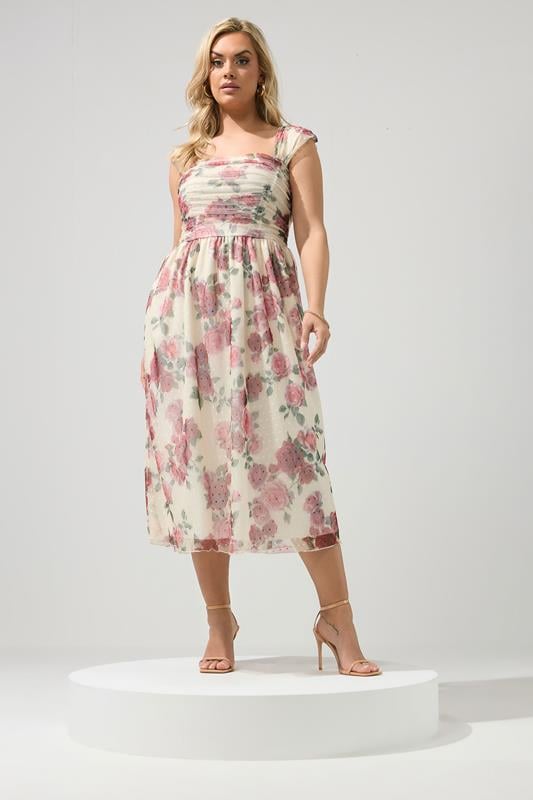 YOURS LONDON Plus Size White Rose Mesh Skater Dress | Yours Clothing 1