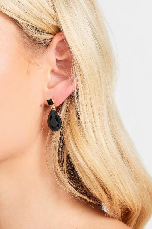 Black & Gold Tone Gem Drop Earrings | Yours Clothing 1