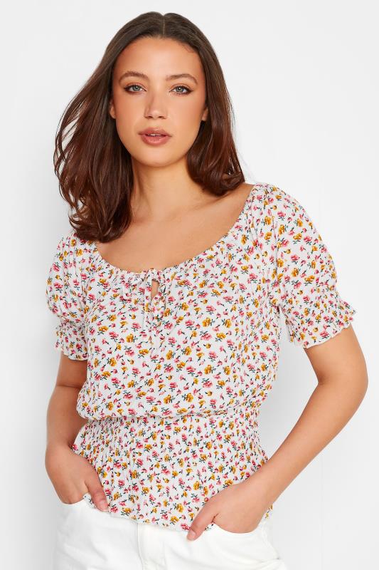 LTS Tall White Floral Crinkle Bardot Top | Long Tall Sally 2