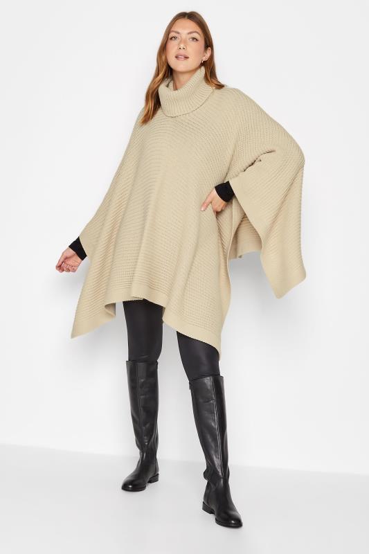 Tall  LTS Tall Beige Brown Roll Neck Knitted Poncho