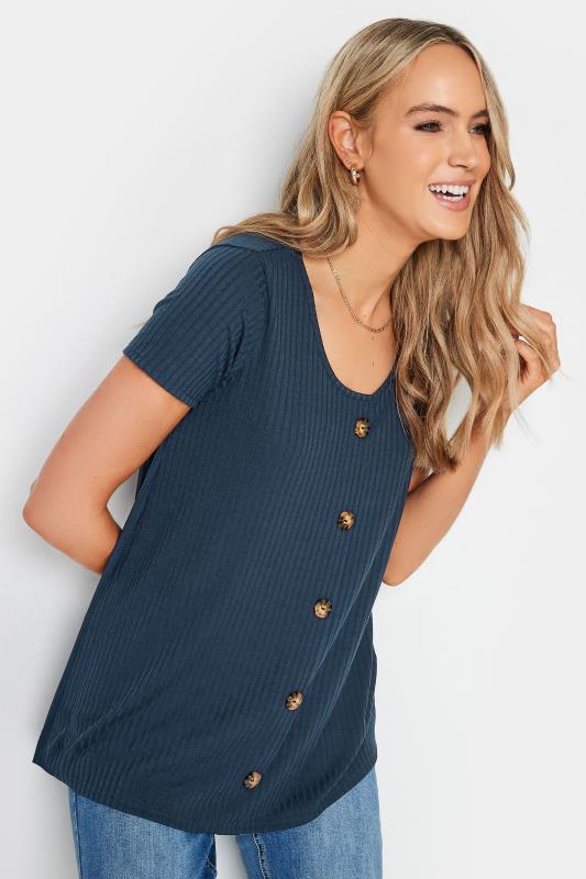LTS Tall Women's Navy Blue Ribbed Button Detail T-Shirt | Long Tall Sally  1