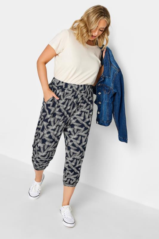 YOURS Plus Size Navy Blue Stripe Print Cropped Harem Joggers | Yours Clothing 2