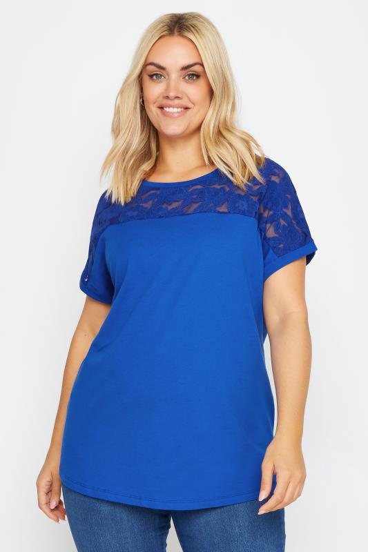 Plus Size  YOURS Curve Blue Floral Mesh T-Shirt