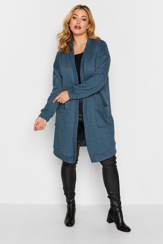 YOURS LUXURY Plus Size Blue Soft Touch Cable Knit Cardigan | Yours Clothing 2