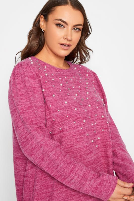 Plus Size Pink Pearl Embellished Soft Touch Top | Yours Clothing 4