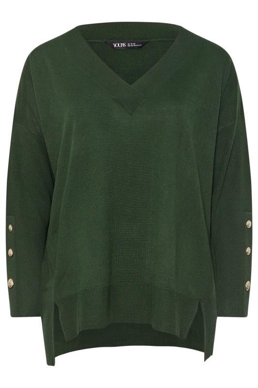 YOURS Plus Size Forest Green Button Sleeve Jumper | Yours Clothing  5