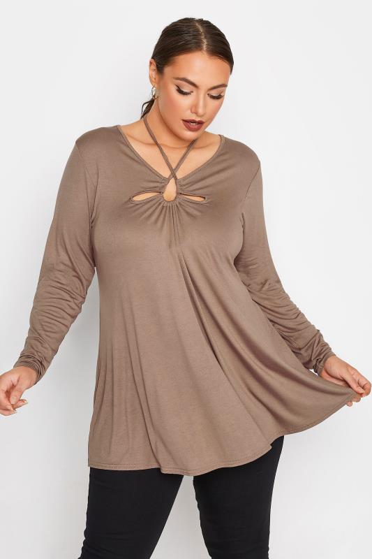 LIMITED COLLECTION Curve Mocha Brown Keyhole Tie Long Sleeve Top 1