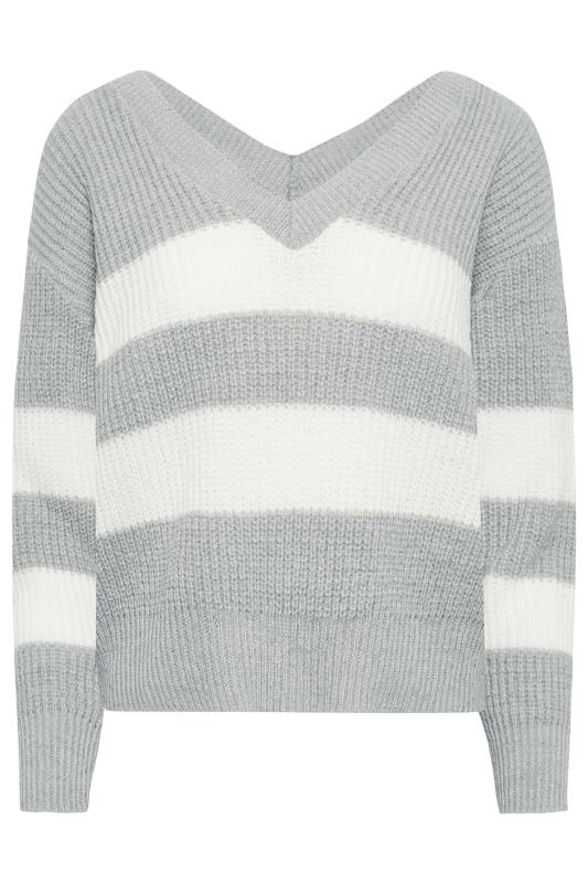 Plus Size  YOURS PETITE Curve Grey Stripe Print V-Neck Knitted Jumper