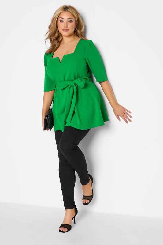 YOURS LONDON Plus Size Green Notch Neck Belted Peplum Top | Yours Clothing 2