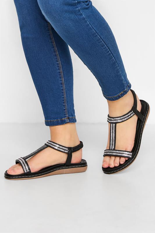 Plus Size  Black Diamante Strap Sandals In Extra Wide EEE Fit