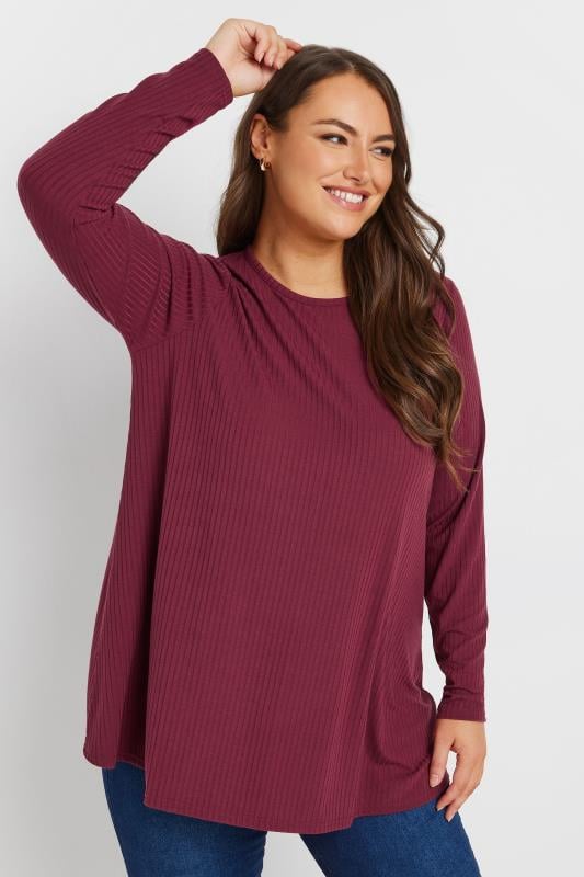  Grande Taille YOURS Curve Burgundy Red Ribbed Swing T-Shirt