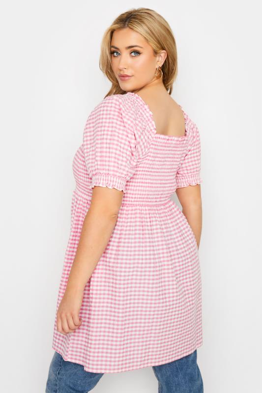 Plus Size Pink Gingham Shirred Top | Yours Clothing 2