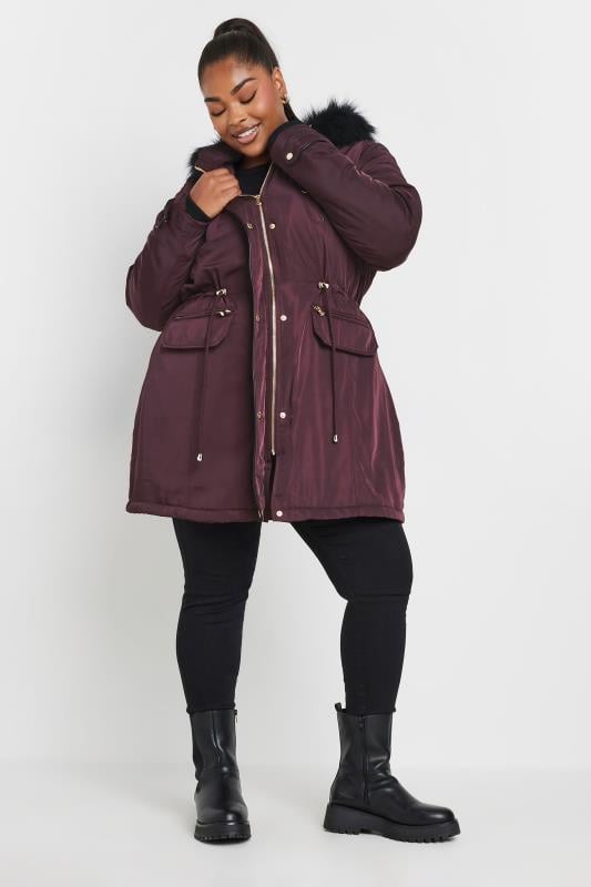 YOURS Plus Size Wine Red Faux Fur Trim Parka Jacket | Yours Clothing 3