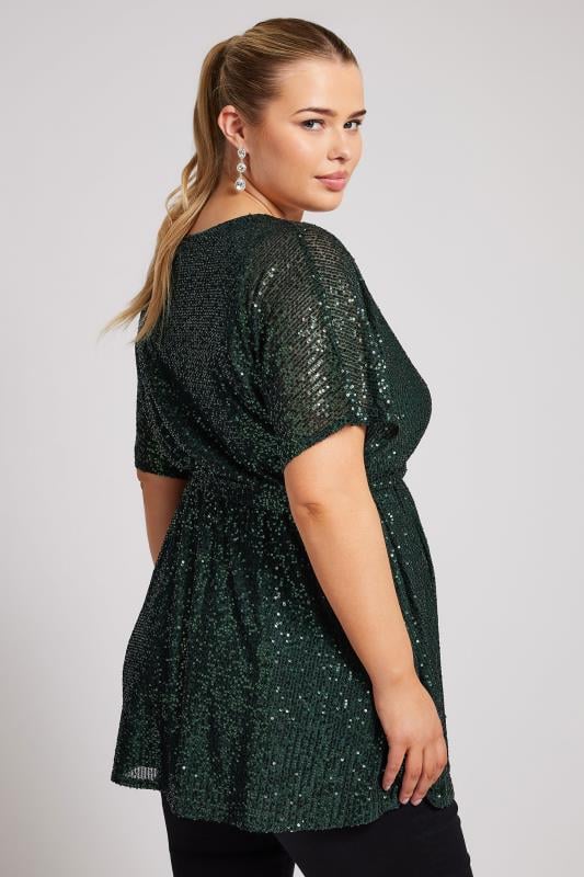 YOURS LONDON Plus Size Green Sequin Wrap Top | Yours Clothing  3