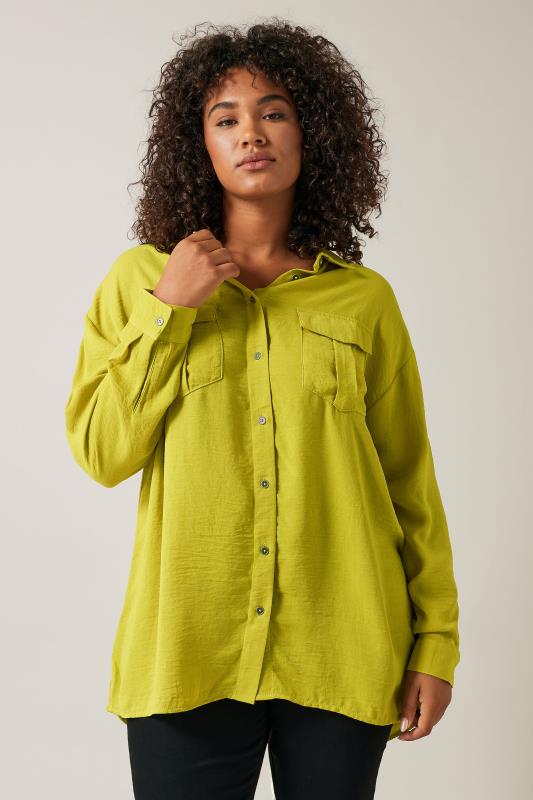 EVANS Plus Size Chartreuse Green Long Sleeve Utility Shirt | Evans  2