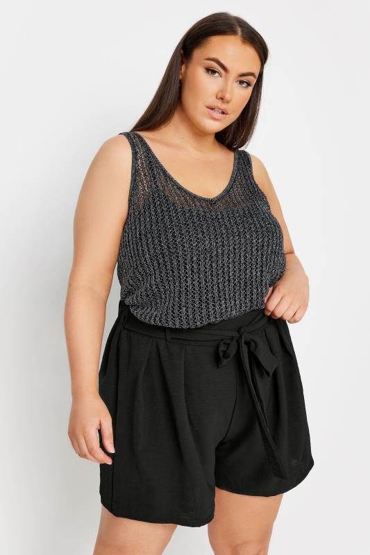YOURS Plus Size Black Textured Satin Belted Shorts | Yours Clothing 1