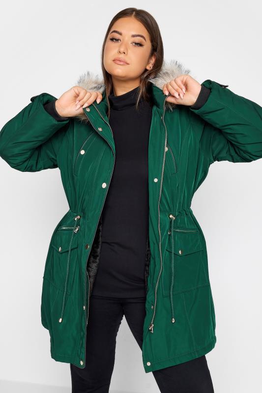 YOURS Plus Size Forest Green Faux Fur Trim Hooded Parka Coat | Yours Clothing 1