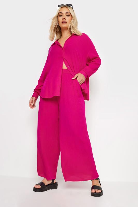 Plus Size  YOURS Curve Bright Pink Crinkle Drawstring Trousers